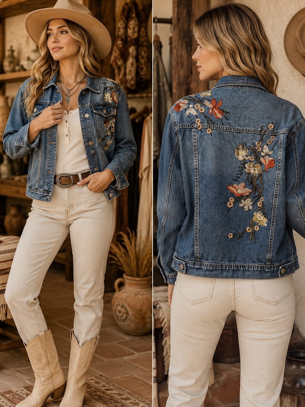Embroidered Floral Denim Jacket - Blue